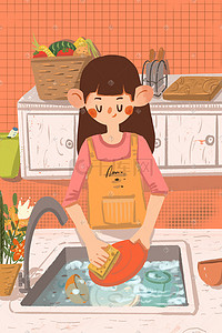 做家务的难人插画图片_劳动节女孩洗刷碗筷干家务卡通插画