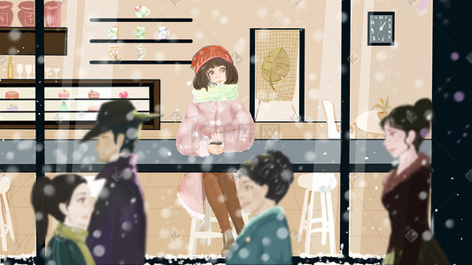 冬季温暖插画图片_冬季行人城市便利店雪中咖啡屋少女暖手