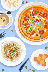 披萨边框插画图片_美食插画意大利面和披萨海报背景