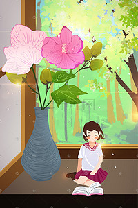 芙蓉花插画图片_九月你好木芙蓉女孩