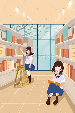 图书馆手绘图书馆插画-图书馆手绘图书馆配图-千库网