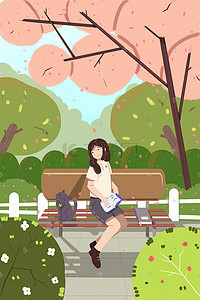 三月你好踏青户外森林赏樱花少女卡通插画