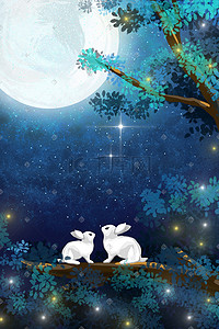 月光下的兔子手绘插画中秋