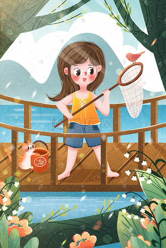 小清新夏天女孩桥上捞鱼