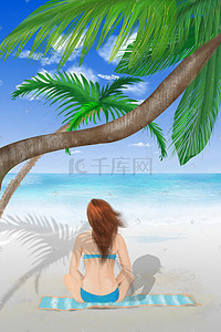 夏日海滩椰树插画图片_夏日海滩风景美女插画