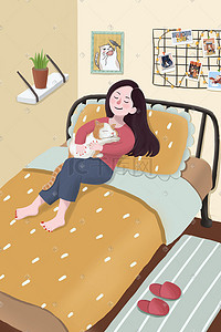 卡通睡觉插画图片_卡通手绘女孩与猫