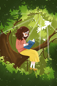 树上的蛇插画图片_春季春天插画女孩坐树上看书小清新治愈
