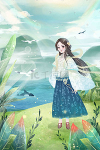 山河插画图片_少女春日探山河美景