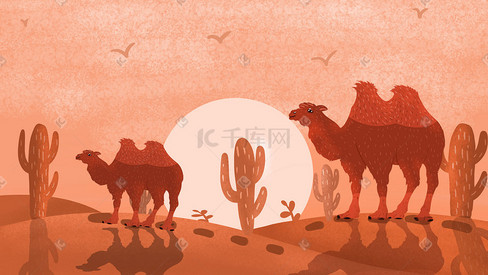 沙漠夕阳下的骆驼