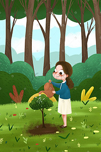 小清新种树插画图片_春天植树节节日女孩种树浇水小清新