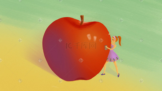 创意新鲜水果插画图片_苹果和小女孩肌理风