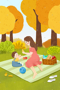 野餐人物插画图片_秋季亲子户外郊游野餐手绘插画