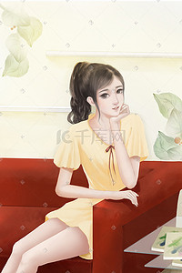 刘海妹妹插画图片_青春女孩沙发上的美少女