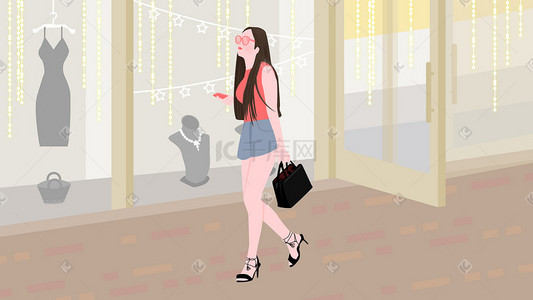 逛街散步的情侣插画图片_城市生活时尚女孩商场逛街手绘插画psd