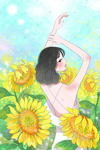 夏天夏至唯美浪漫插画图片_唯美浪漫向日葵花田