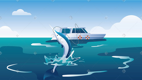 海上轮船捕鱼插画