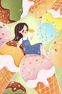 草莓夏天插画图片_小清新夏天女孩吃冰淇淋