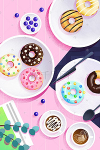 烘焙招聘海报插画图片_美食插画甜甜圈海报背景