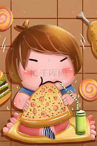 食物卡路里插画图片_吃货吃披萨的小女孩