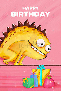 贺卡生日插画图片_Q版卡通小怪兽生日好奇的看着礼物