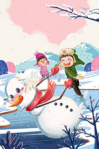 卡通冬季和雪人打雪仗的孩子们插画