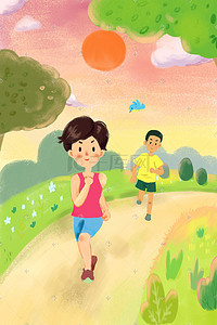 跑步运动插画图片_早晨公园跑步运动年轻女生男生