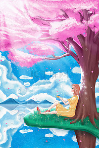 樱花卡通女孩插画图片_春分樱花树下的女孩