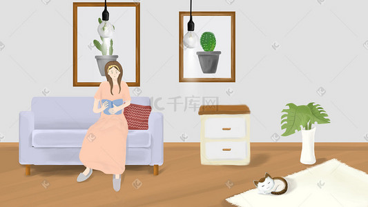 唯美小清新沙发看书女孩和猫手绘插画