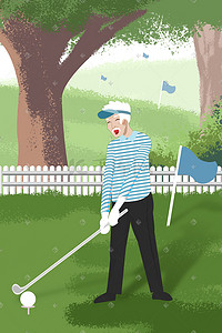老年量血压插画图片_老年生活方式又要老人户外打高尔夫晨练插画