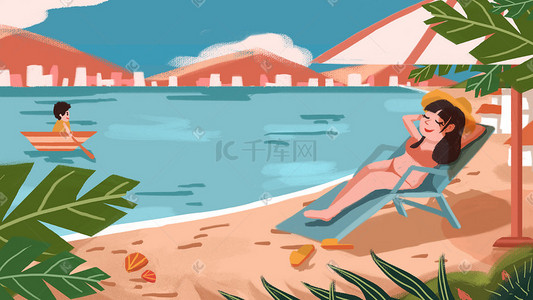 24节气立夏夏季夏天旅游沙滩少女游泳插画