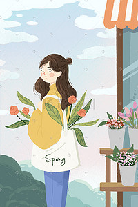 春天的女孩插画图片_春天你好提着鲜花的女孩