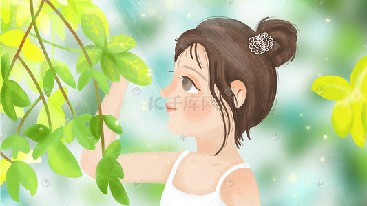 大自然叶子插画图片_24节气夏天夏季女孩自然树叶