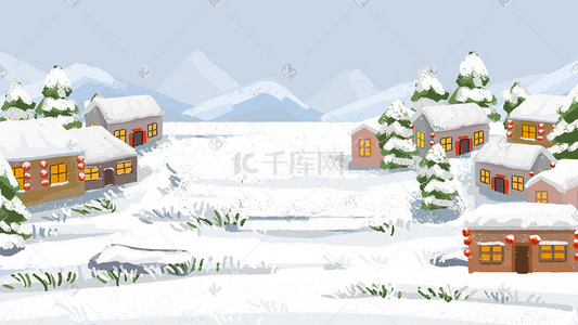 小村庄手绘插画图片_冬季雪景风景背景