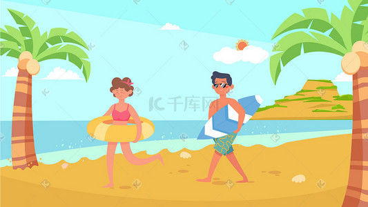 度假游玩插画图片_夏季情侣度假海边旅游夏天风景横幅配图