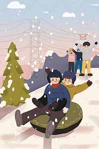 大寒雪景雪花滑雪卡通人物扁平插画