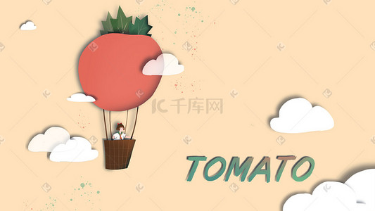 英文创意插画图片_橙色女孩乘坐番茄热气球创意水果剪纸插画