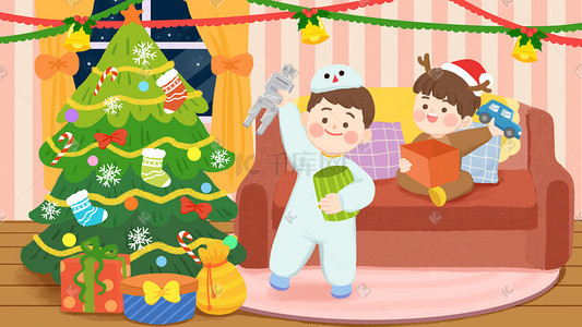 圣诞插画图片_圣诞节平安夜圣诞孩子拆礼物童趣手绘插画圣诞