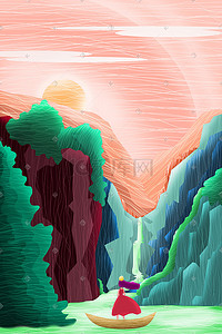 植物卡通装饰插画图片_探险少女的深山之旅