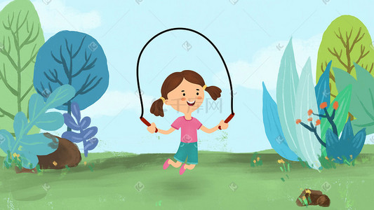 全民运动暑期活动游玩儿童跳绳手绘插画