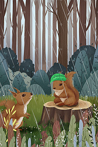 原创手绘小动物插画图片_春天谷雨松鼠森林绿色系小动物清新原创
