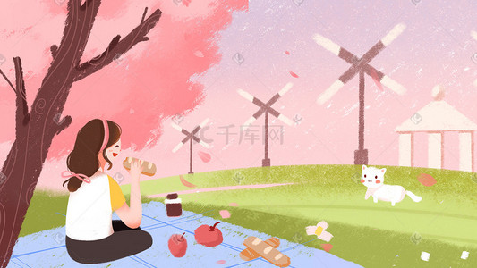 关于樱花节的插画图片_春季樱花节女孩与猫公园踏青
