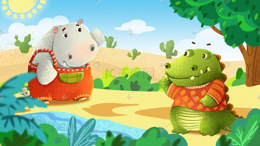鳄鱼爬行插画图片_沙漠上的河马与鳄鱼素材下载