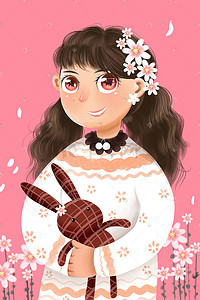 质感粉插画图片_粉色系手绘质感花与少女配图