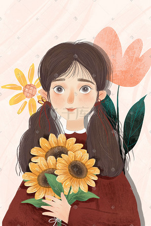 抱着向日葵的女孩手绘图片