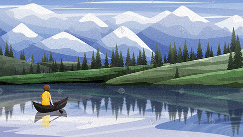 女孩在雪山前的湖泊上划船