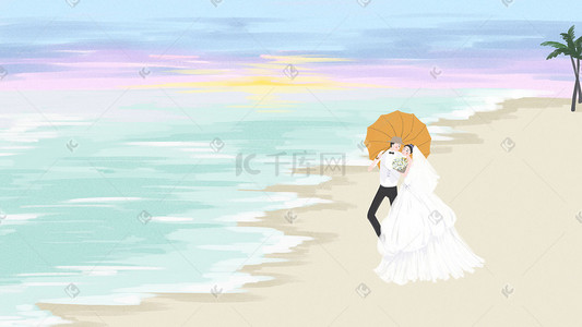 海边婚纱插画图片_沙滩婚礼主题插画