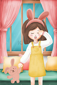兔耳朵女孩插画图片_春困春日打哈欠的小女孩