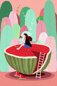 西瓜的叶子插画图片_大暑坐在西瓜上的少女插画