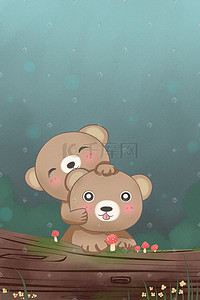 可爱动物插画图片_可爱动物两只小熊森系卡通手绘