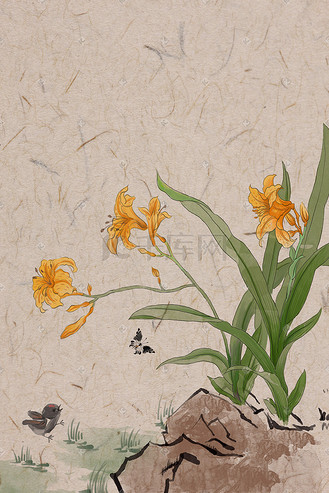 古风水墨淡彩萱草插画